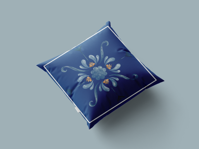 Coussin décoratif Regalia, style ornemental royal en bleu et doré