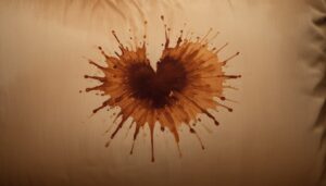 zoom on coffee stain on a velvet coloured cushion